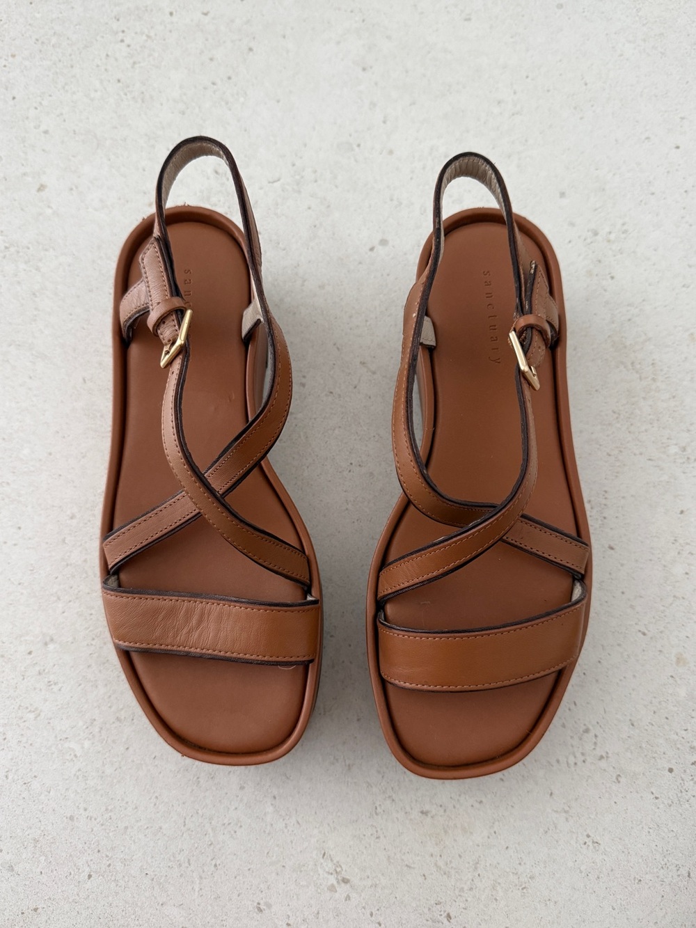 Sanctuary Strappy Leather Platform Sandal Heels in cognac color